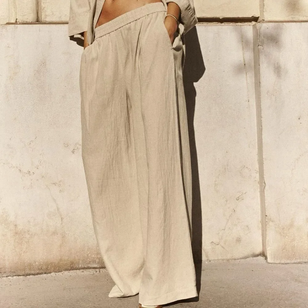 ZARA LINEN BLEND WIDE LEG PANTS LIGHT BEIGE